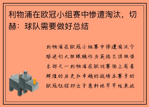 利物浦在欧冠小组赛中惨遭淘汰，切赫：球队需要做好总结