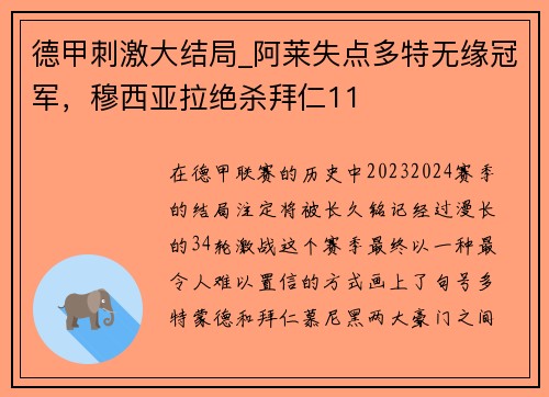 德甲刺激大结局_阿莱失点多特无缘冠军，穆西亚拉绝杀拜仁11