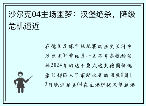 沙尔克04主场噩梦：汉堡绝杀，降级危机逼近